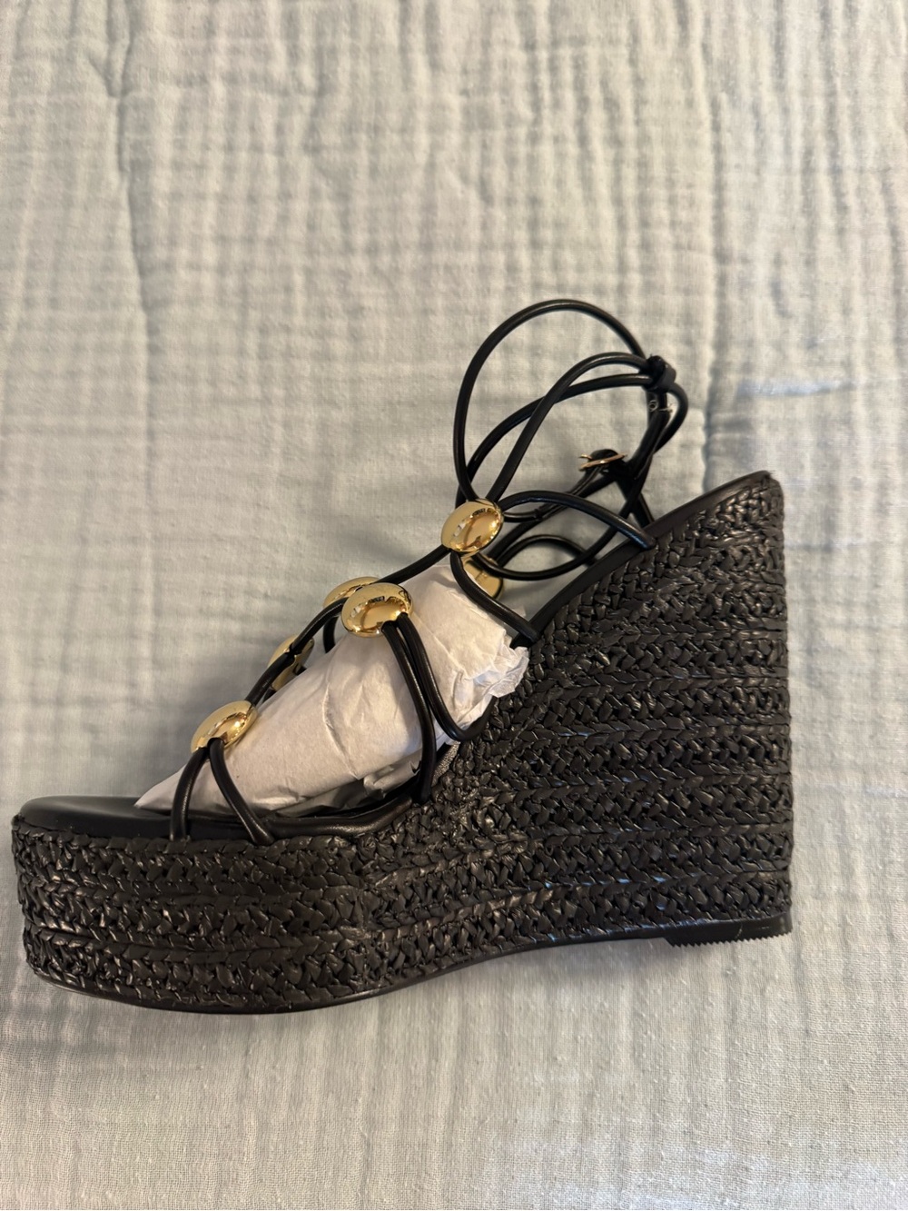 Steve Madden Black Wedge Espadrille Sandals with Gold Discs